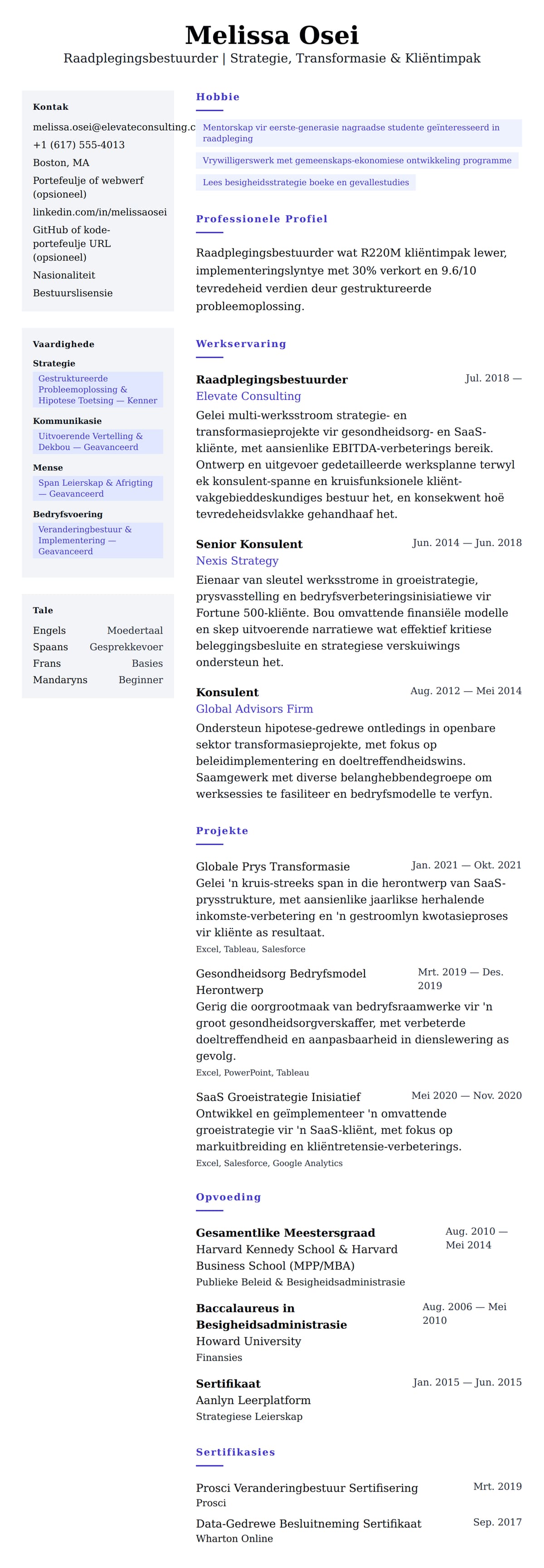 Leweensbeskrywing-vooruitskouk vir Voorbeeld van Raadplegingsbestuurder se Lewensloop