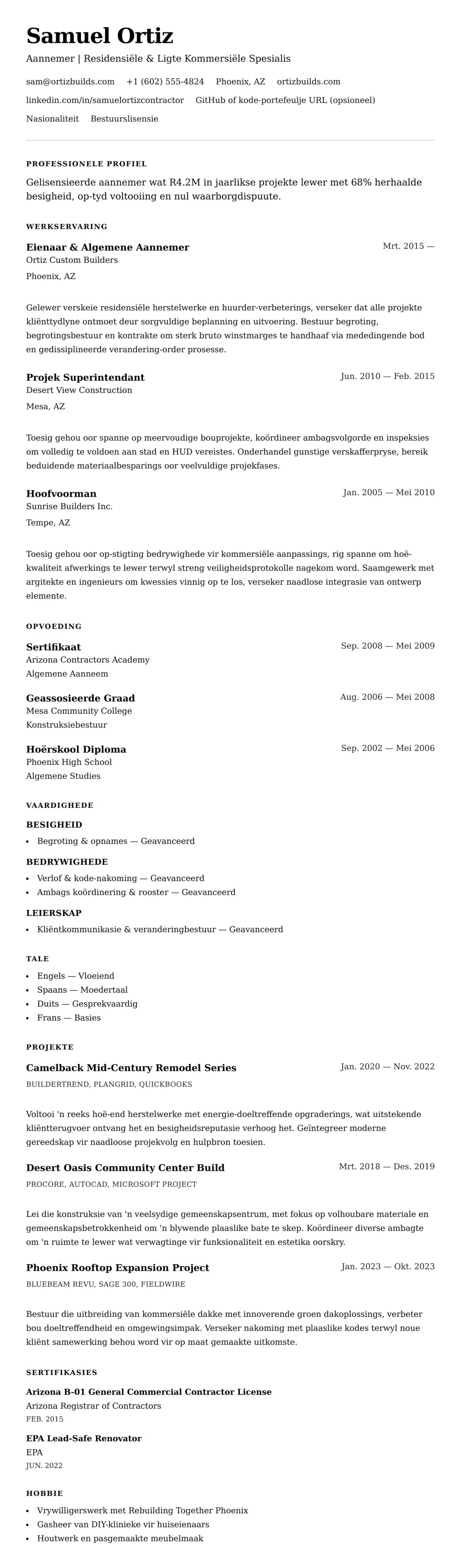 Leweensbeskrywing-vooruitskouk vir Aannemer Lewensloop Voorbeeld