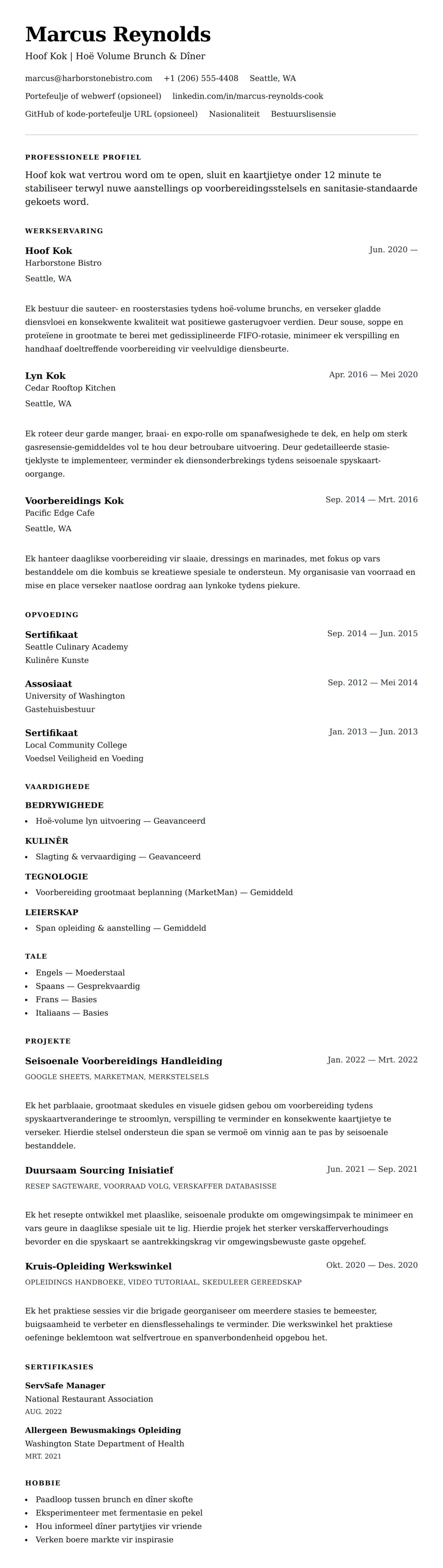 Leweensbeskrywing-vooruitskouk vir Kok CV-Voorbeeld