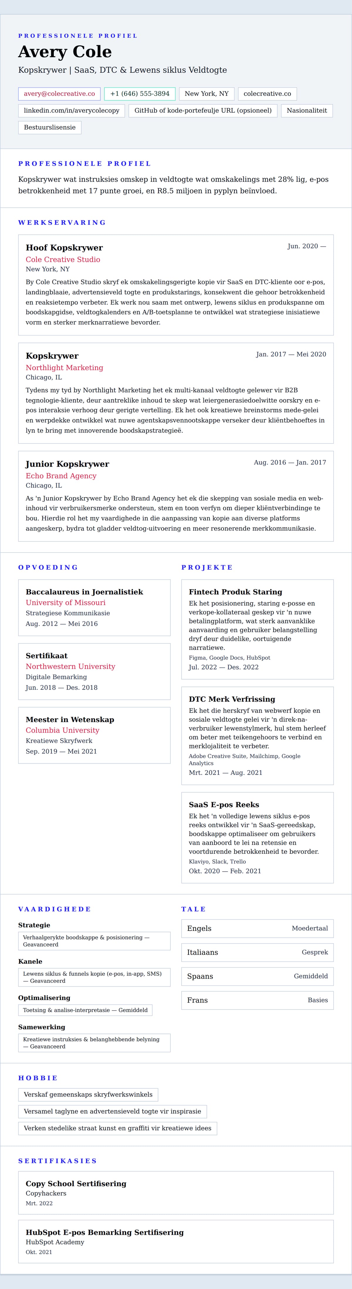 Leweensbeskrywing-vooruitskouk vir Kopskrywer Lewensloop Voorbeeld