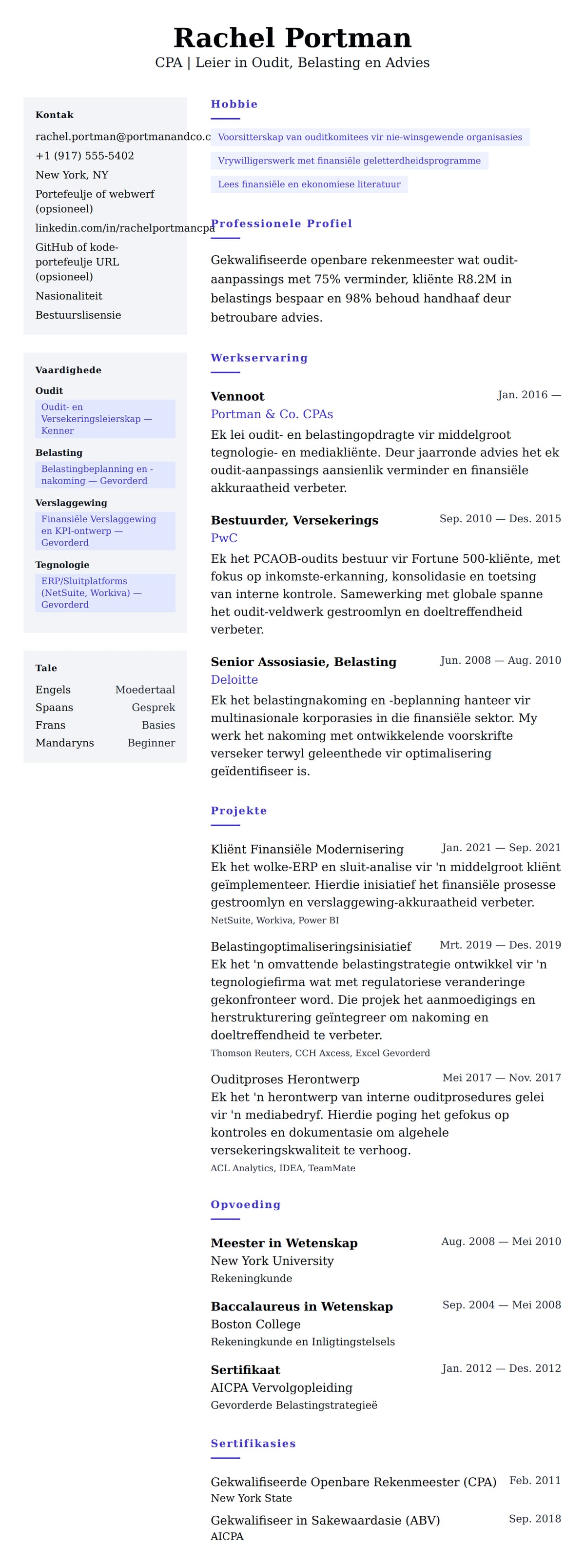 Leweensbeskrywing-vooruitskouk vir Voorbeeld van Lewensloop vir Gekwalifiseerde Openbare Rekenmeester