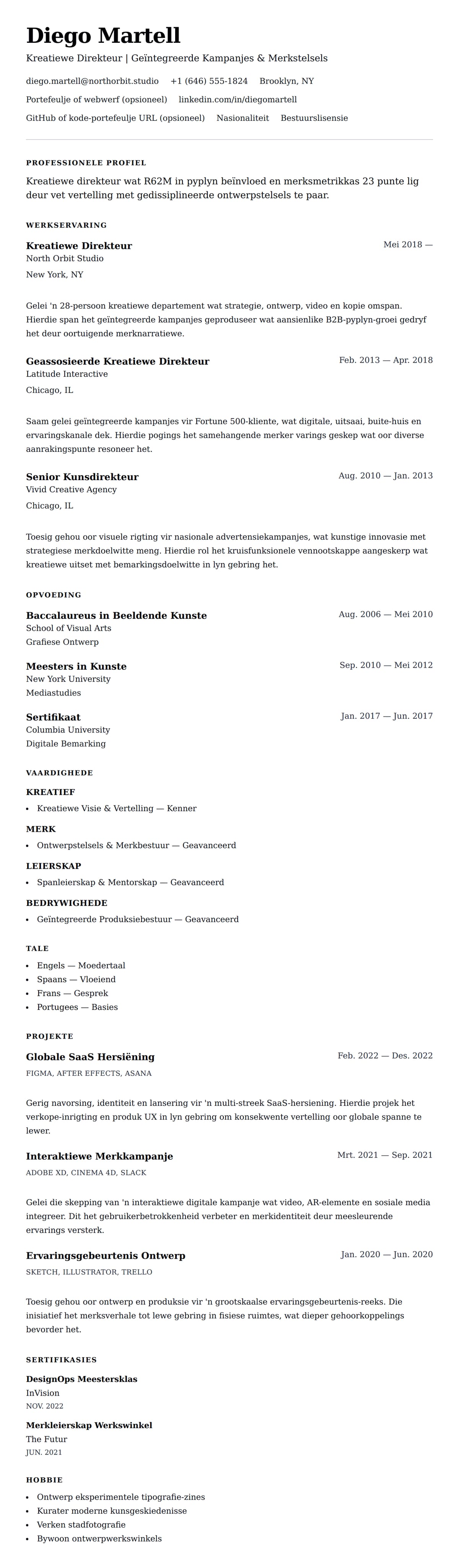 Leweensbeskrywing-vooruitskouk vir Kreatiewe Direkteur Lewensloop Voorbeeld
