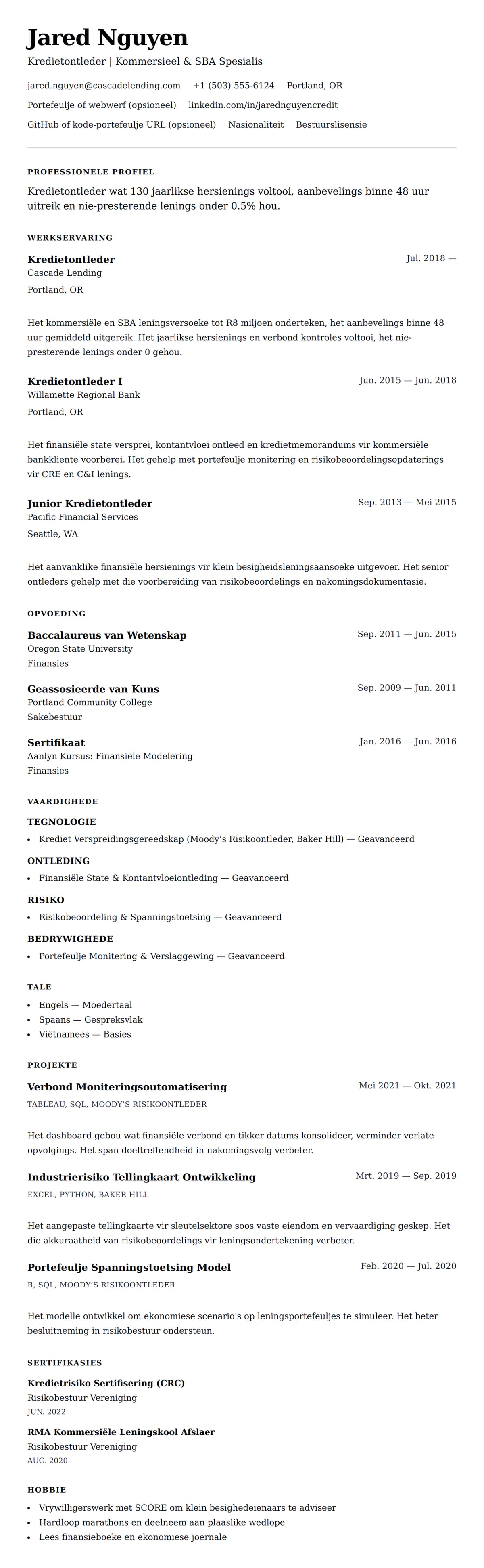 Leweensbeskrywing-vooruitskouk vir Kredietontleder Lewewerksaamlegging Voorbeeld