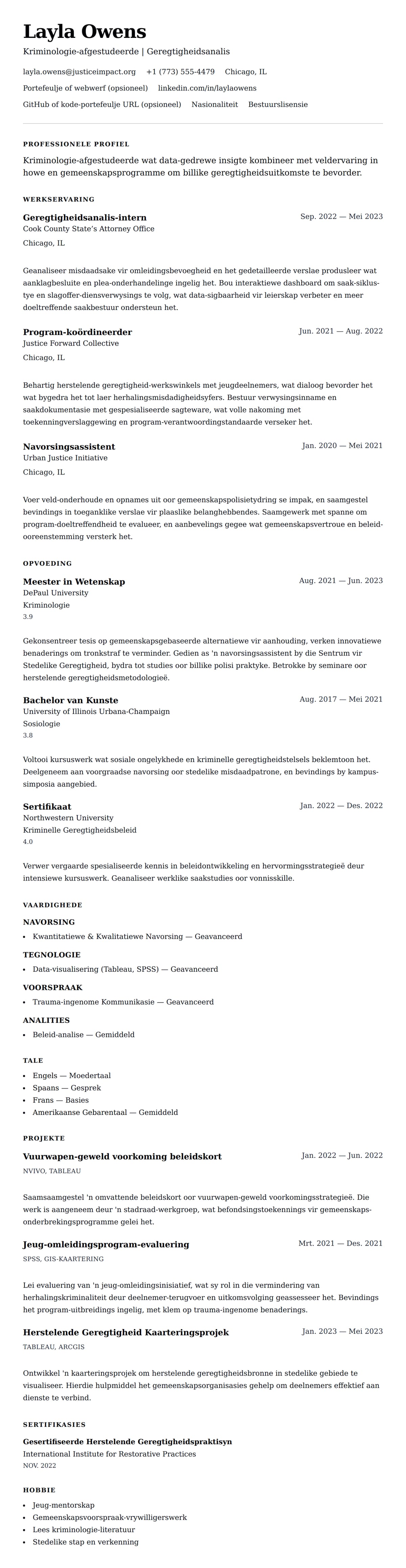 Leweensbeskrywing-vooruitskouk vir Kriminologie-afgestudeerde CV-voorbeeld