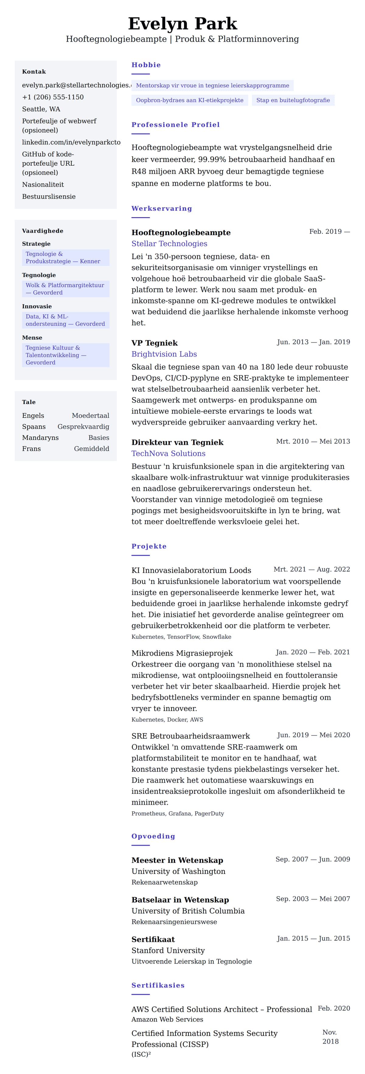 Leweensbeskrywing-vooruitskouk vir Hooftegnologiebeampte Lewensloop Voorbeeld