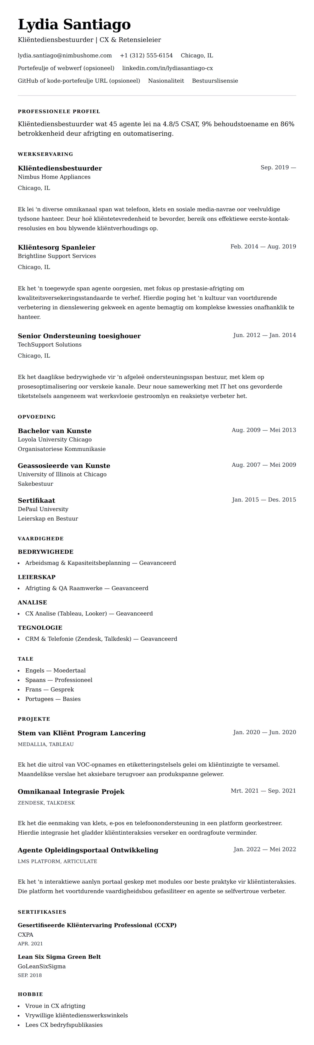 Leweensbeskrywing-vooruitskouk vir Kliëntediensbestuurder Lewensloop Voorbeeld