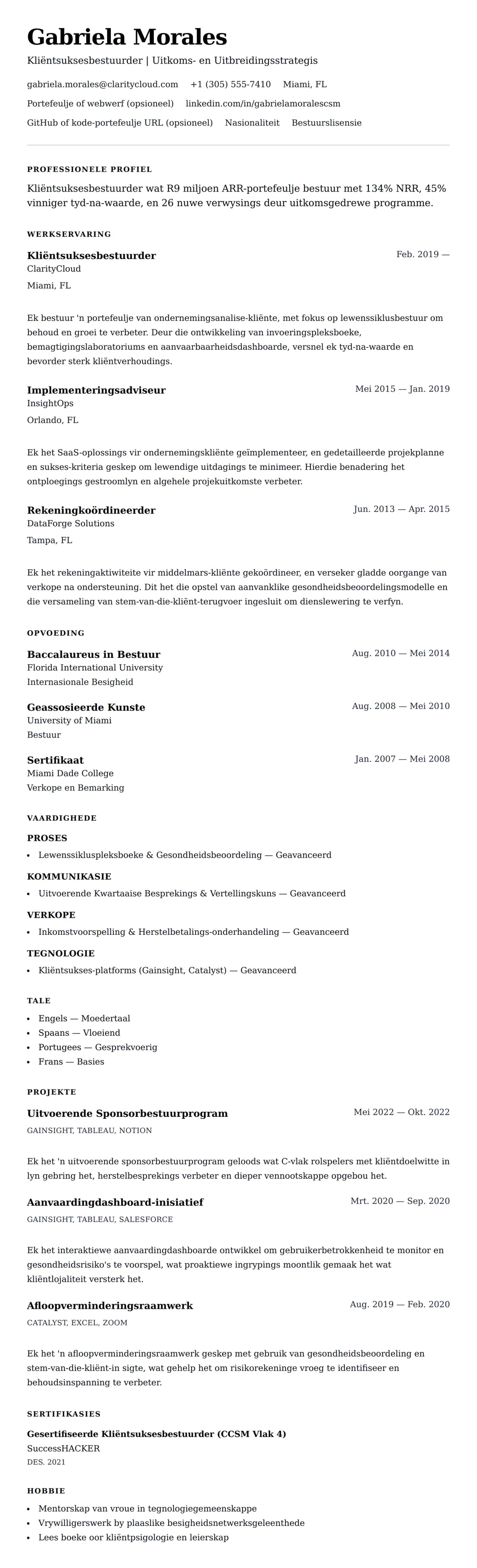 Leweensbeskrywing-vooruitskouk vir Kliëntsuksesbestuurder Lewensloopvoorbeeld