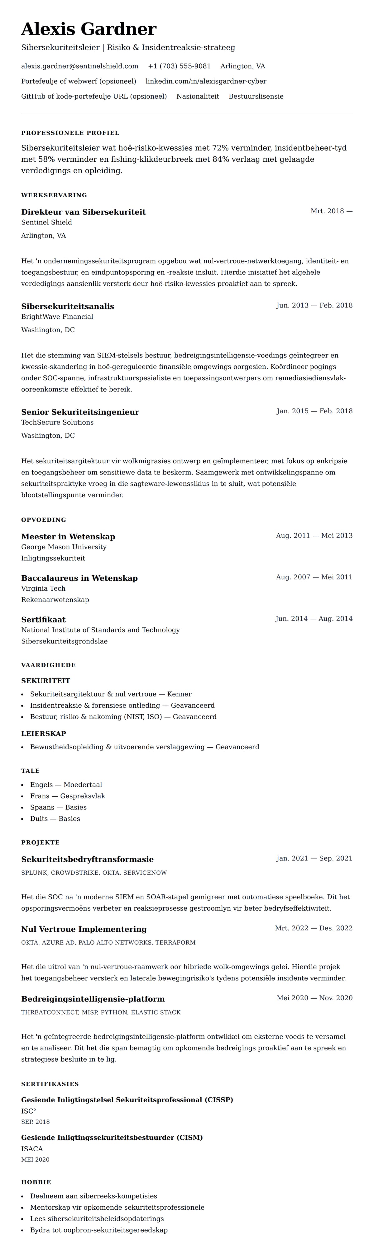 Leweensbeskrywing-vooruitskouk vir Sibersekuriteitsprofessional Lewensloop Voorbeeld