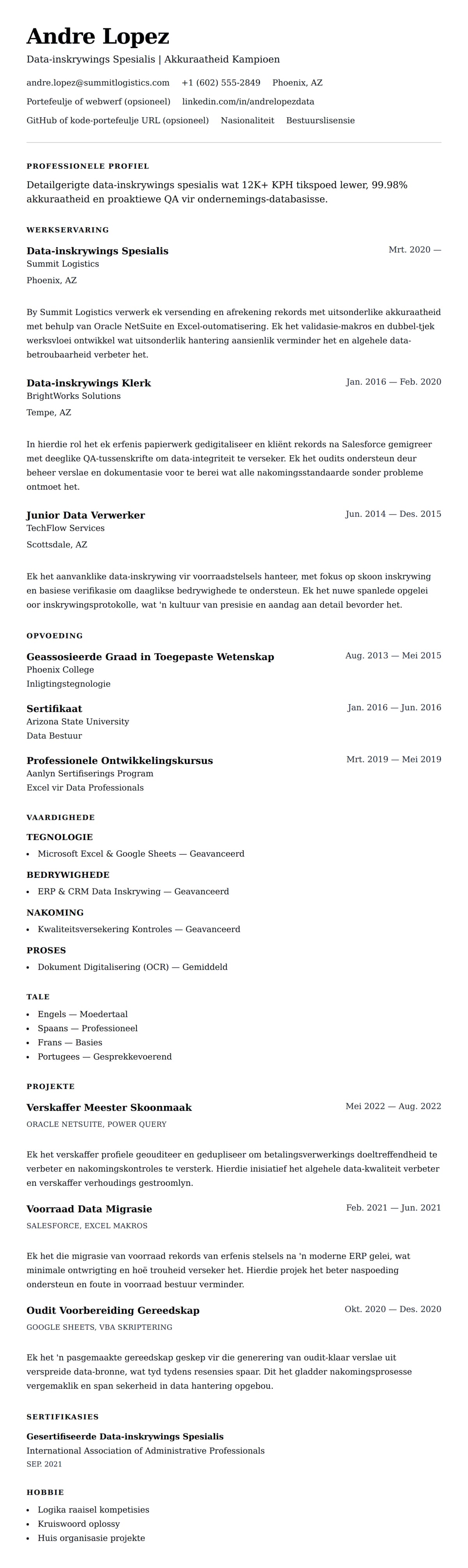 Leweensbeskrywing-vooruitskouk vir Data-inskrywings Spesialis Lewensloop Voorbeeld
