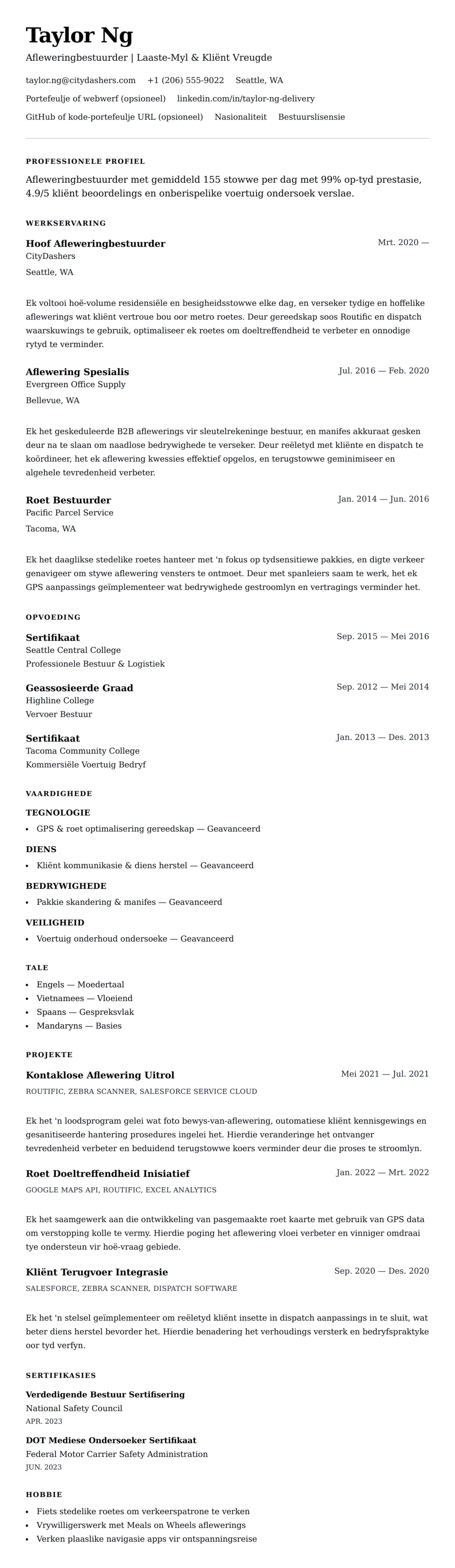 Leweensbeskrywing-vooruitskouk vir Afleweringbestuurder Lewensloopvoorbeeld