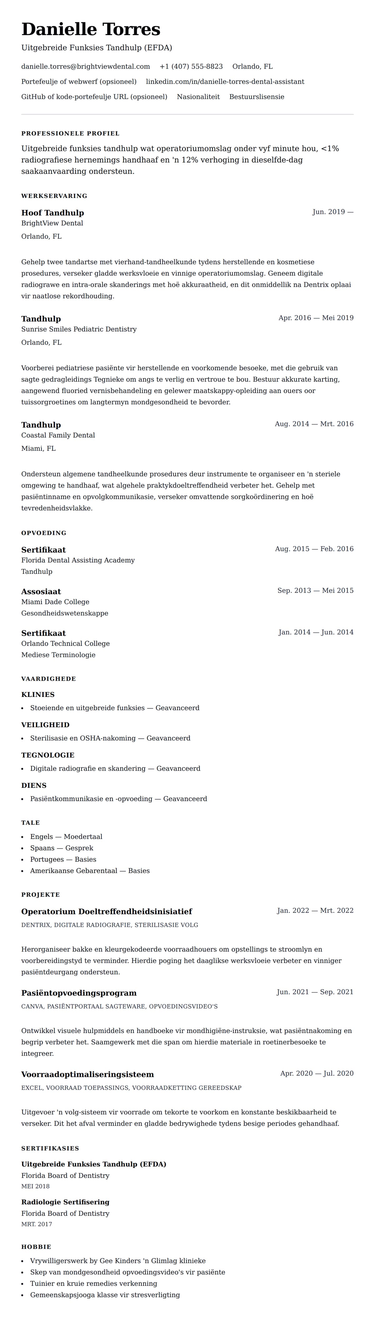 Leweensbeskrywing-vooruitskouk vir Tandhulp Lewensloop Voorbeeld