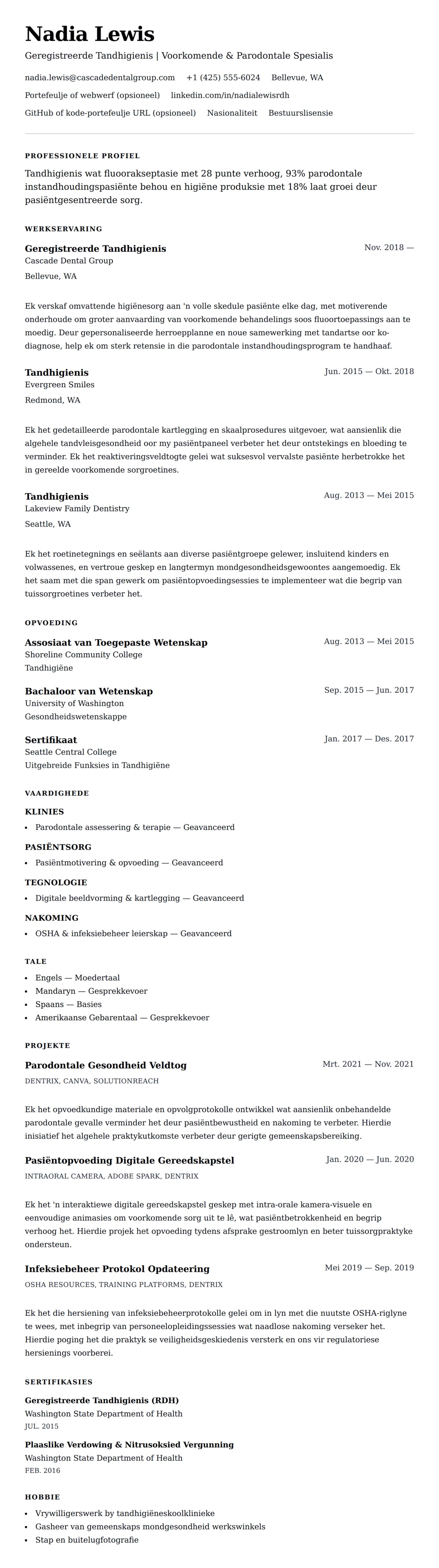 Leweensbeskrywing-vooruitskouk vir Tandhigienis Lewensloopvoorbeeld