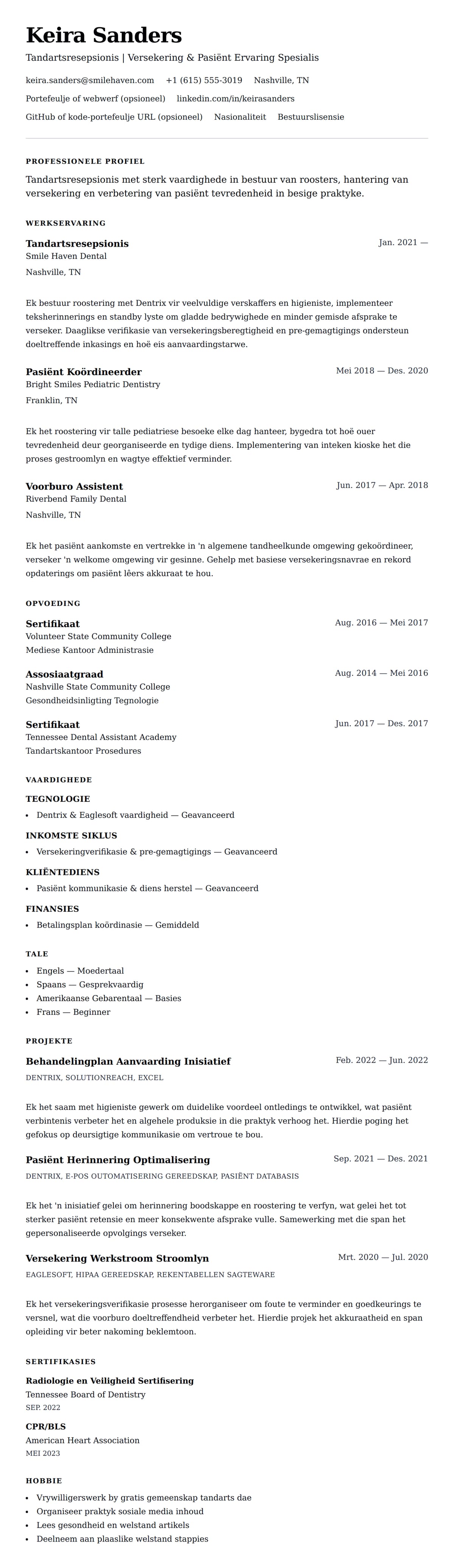 Leweensbeskrywing-vooruitskouk vir Tandartsresepsionis Lewensloop Voorbeeld