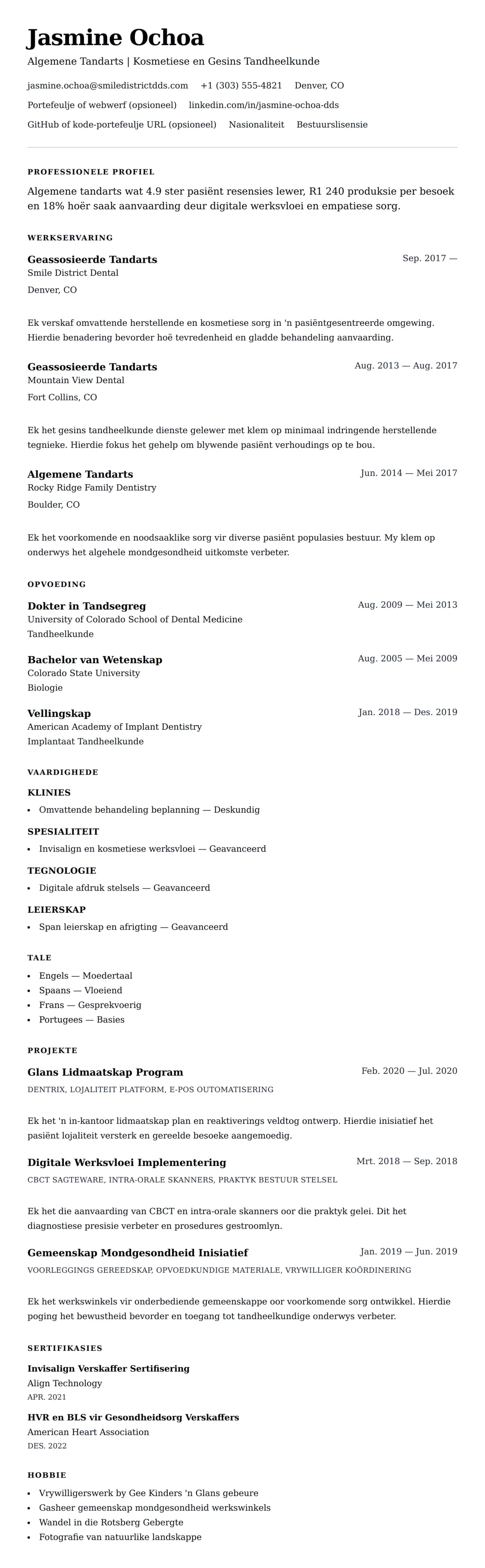 Leweensbeskrywing-vooruitskouk vir Tandarts Lewensloop Voorbeeld