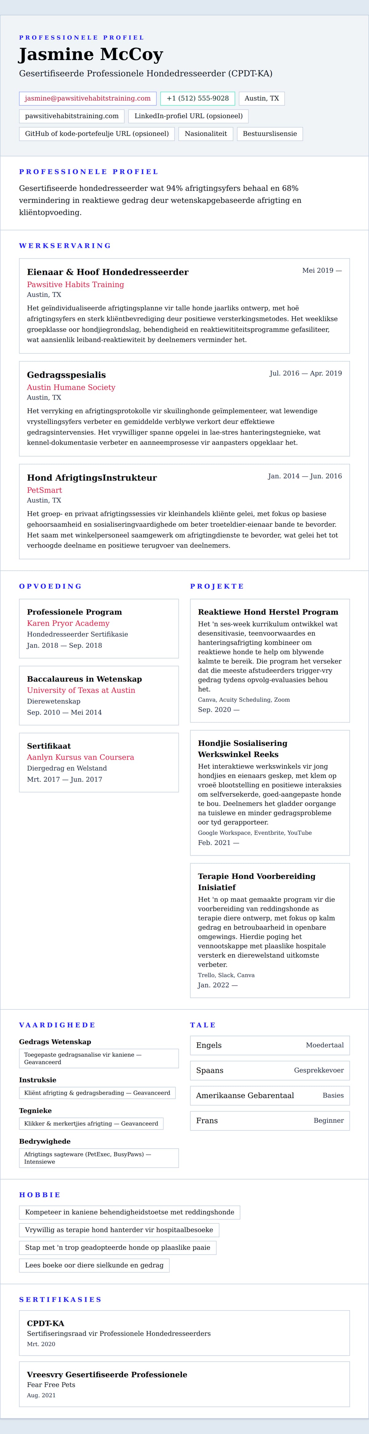 Leweensbeskrywing-vooruitskouk vir Hondedresseerder Leweensloop Voorbeeld