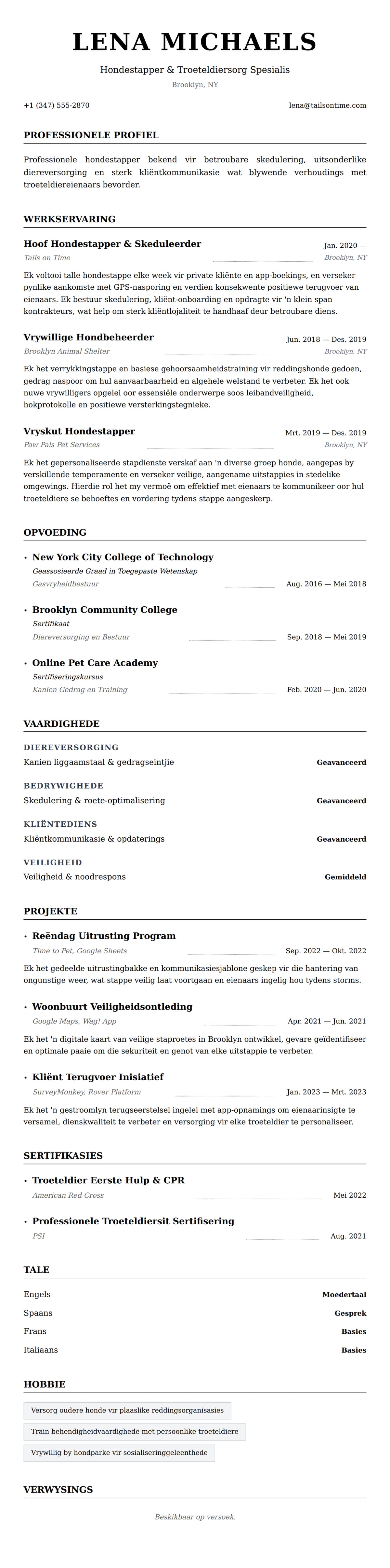 Leweensbeskrywing-vooruitskouk vir Hondestapper Leweensbeskrywing Voorbeeld