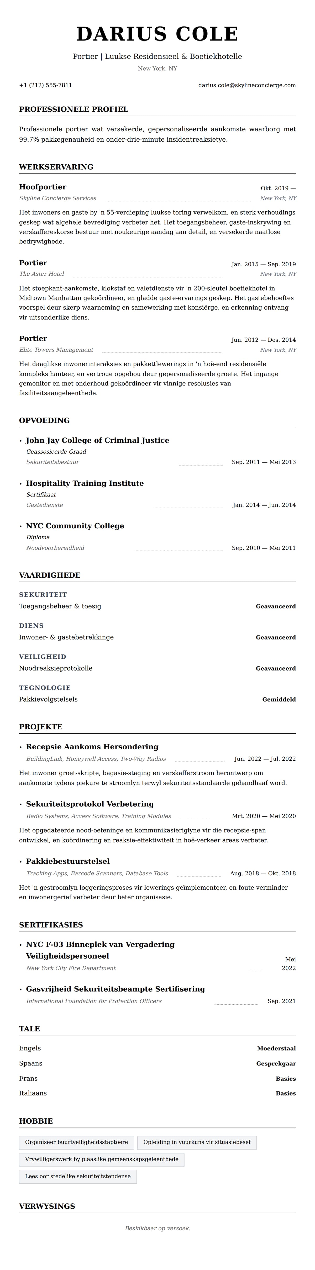Leweensbeskrywing-vooruitskouk vir Portier CV-voorbeeld