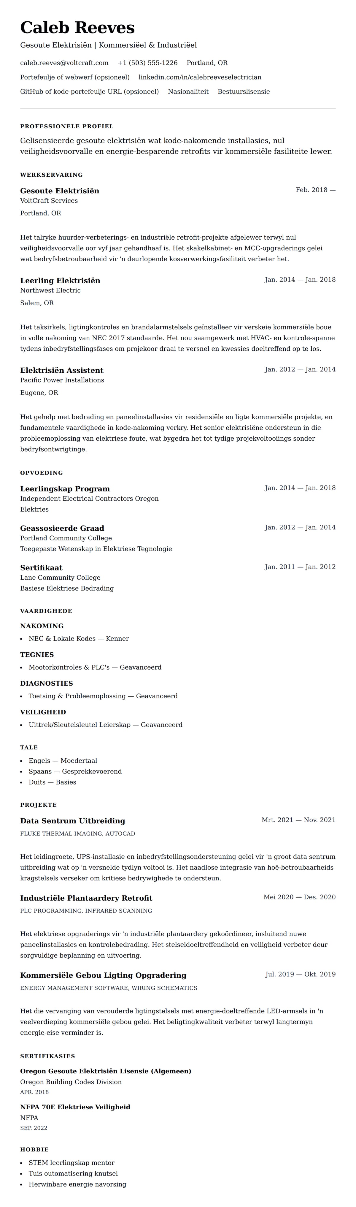 Leweensbeskrywing-vooruitskouk vir Elektrisiën Lewensloop Voorbeeld