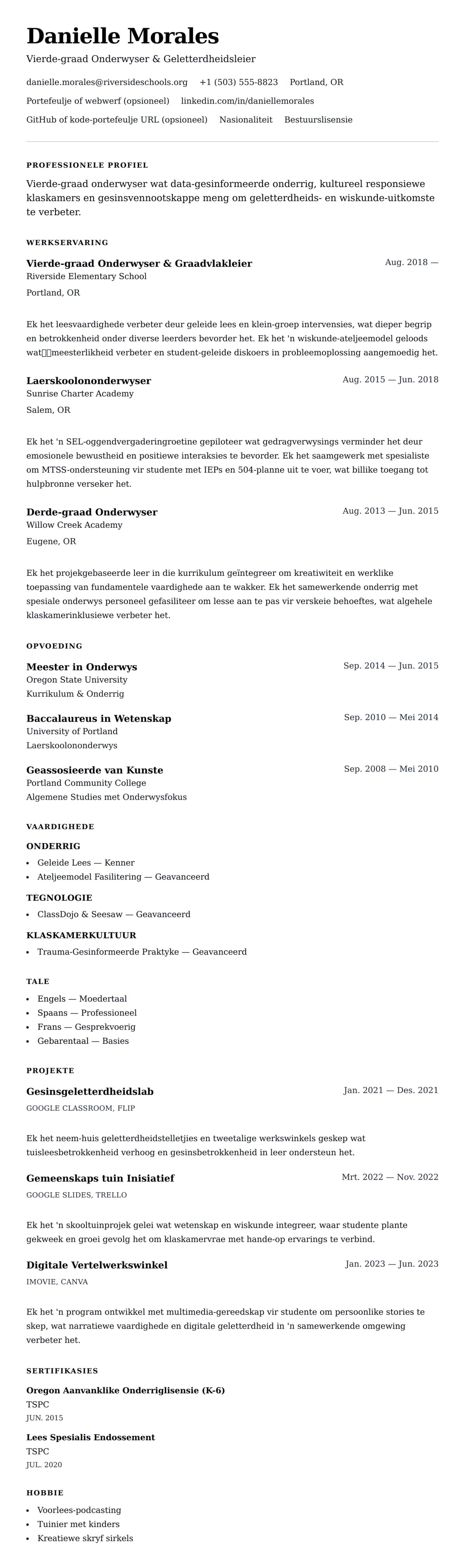 Leweensbeskrywing-vooruitskouk vir Laerskoolononderwyser Lewensloopvoorbeeld