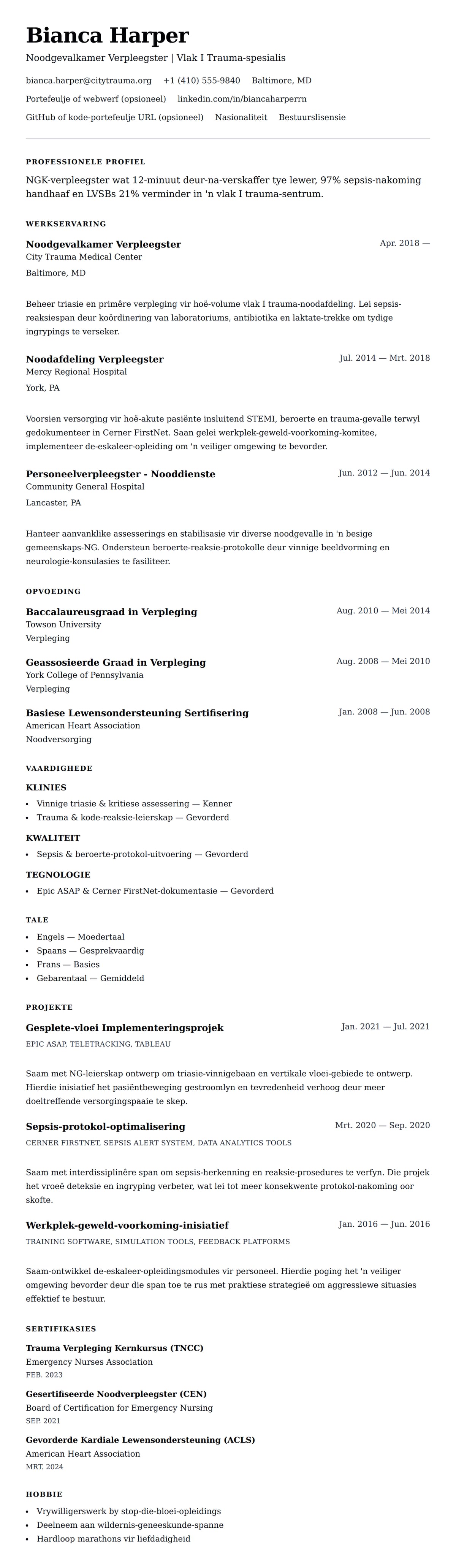 Leweensbeskrywing-vooruitskouk vir Noodgevalkamer (NGK) Verpleegster Lewensloop Voorbeeld