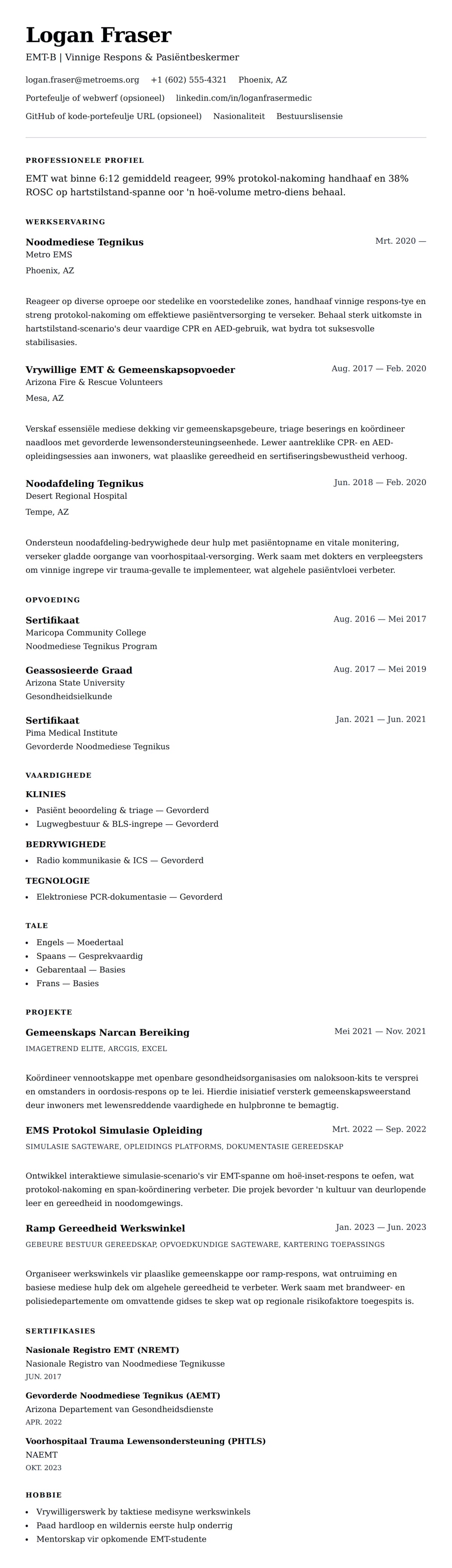 Leweensbeskrywing-vooruitskouk vir Noodmediese Tegnikus (EMT) Lewensloop Voorbeeld