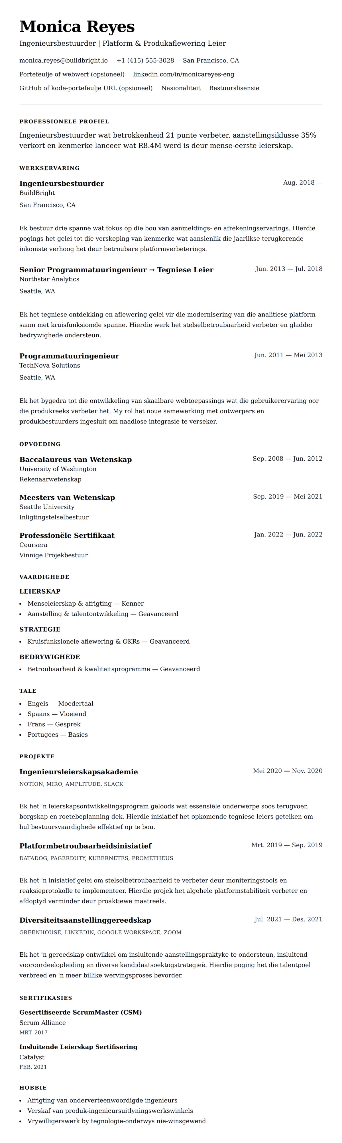 Leweensbeskrywing-vooruitskouk vir Ingenieursbestuurder CV-voorbeeld