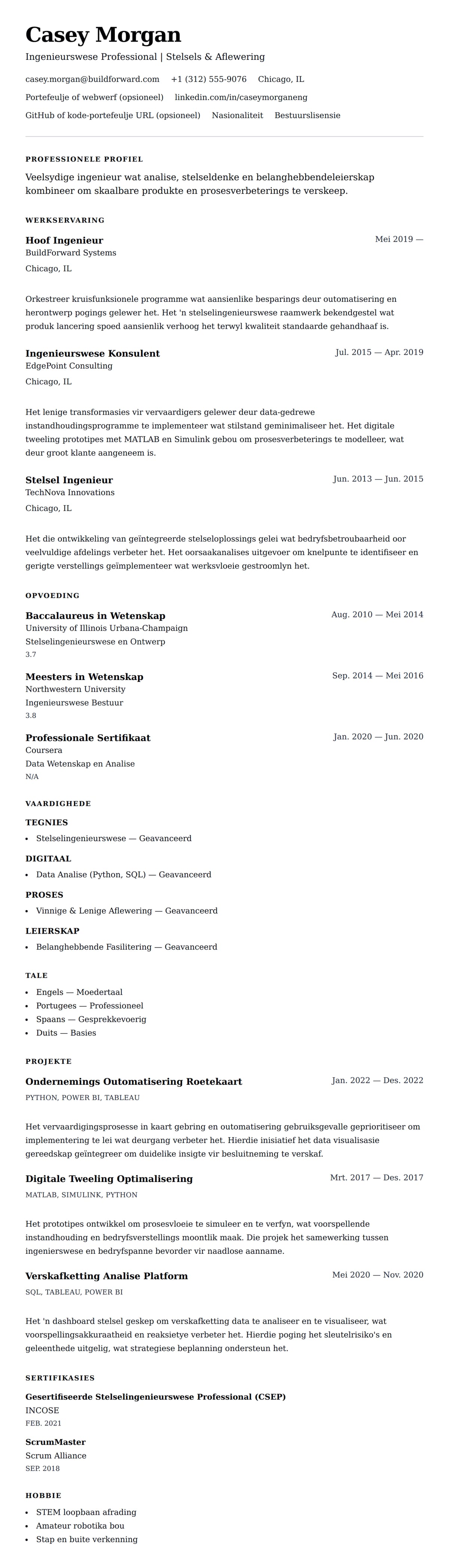 Leweensbeskrywing-vooruitskouk vir Ingenieurswese Lewensloop Voorbeeld