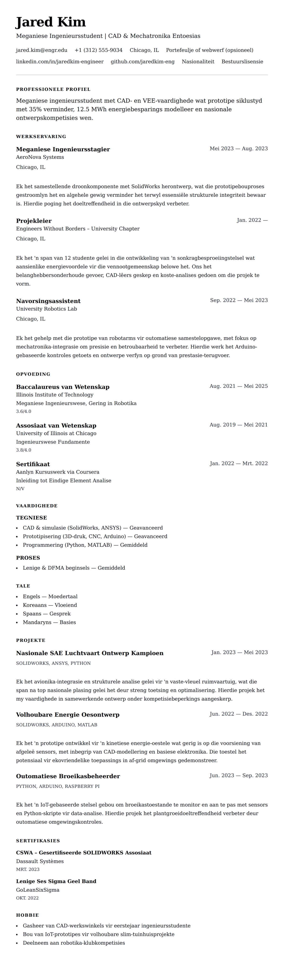 Leweensbeskrywing-vooruitskouk vir Ingenieursstudent CV-voorbeeld
