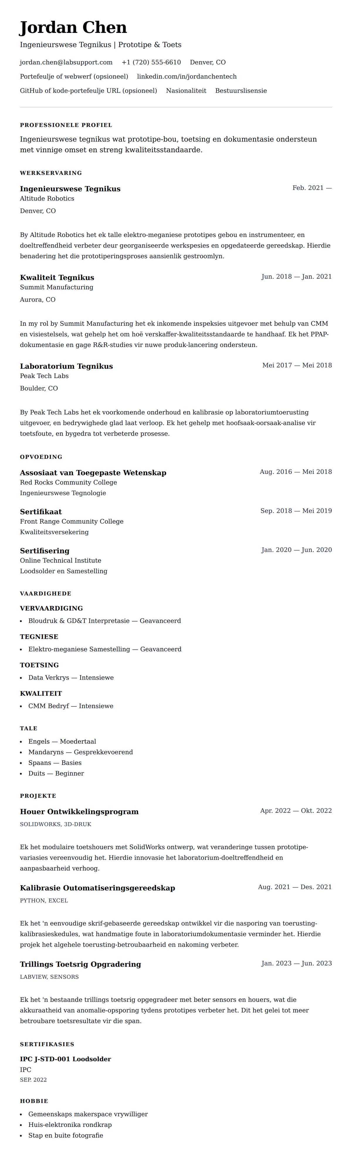 Leweensbeskrywing-vooruitskouk vir Tegnikus Lewensloop Voorbeeld