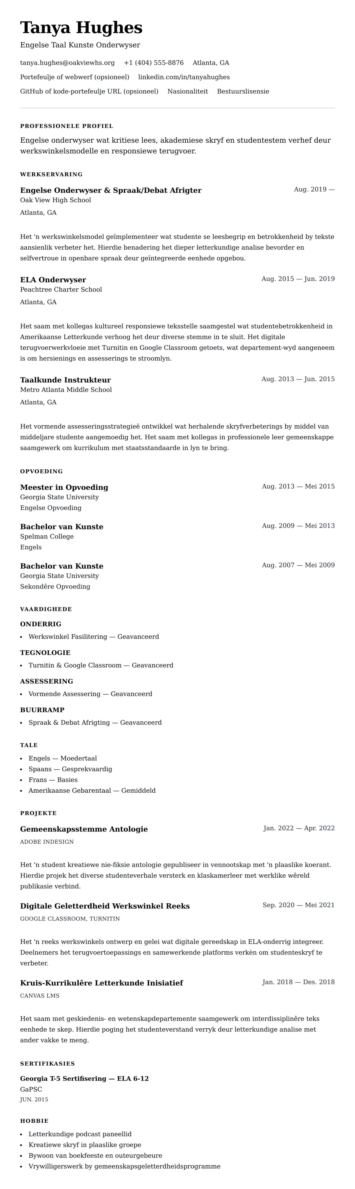 Leweensbeskrywing-vooruitskouk vir Engelse Onderwyser Lewensloop Voorbeeld