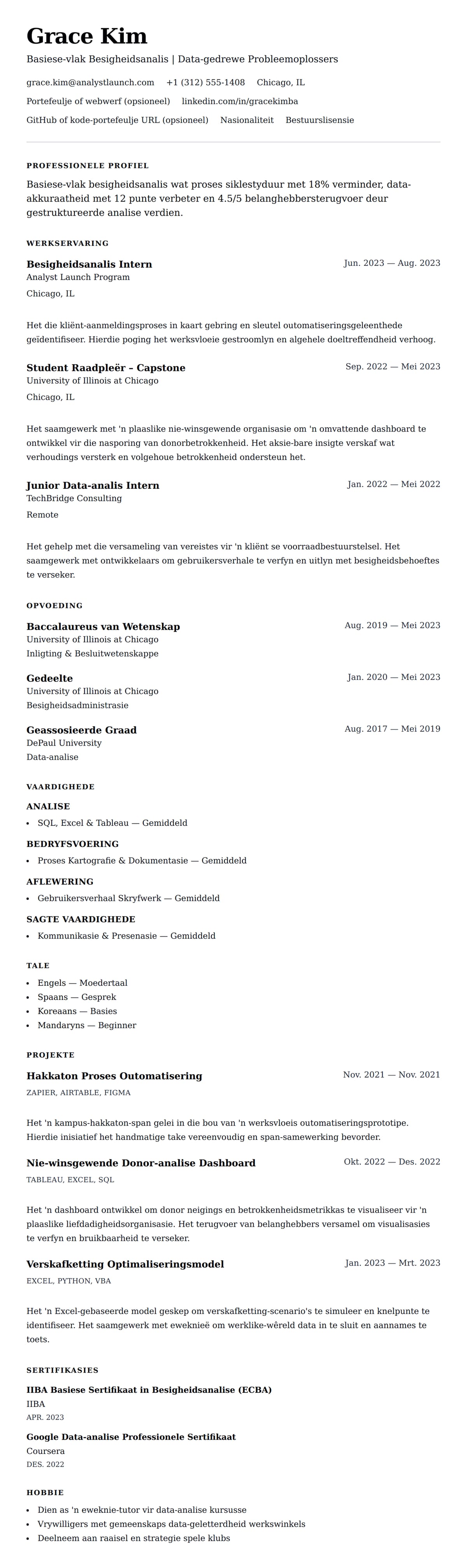 Leweensbeskrywing-vooruitskouk vir Basiese-vlak Besigheidsanalis Lewensloop Voorbeeld