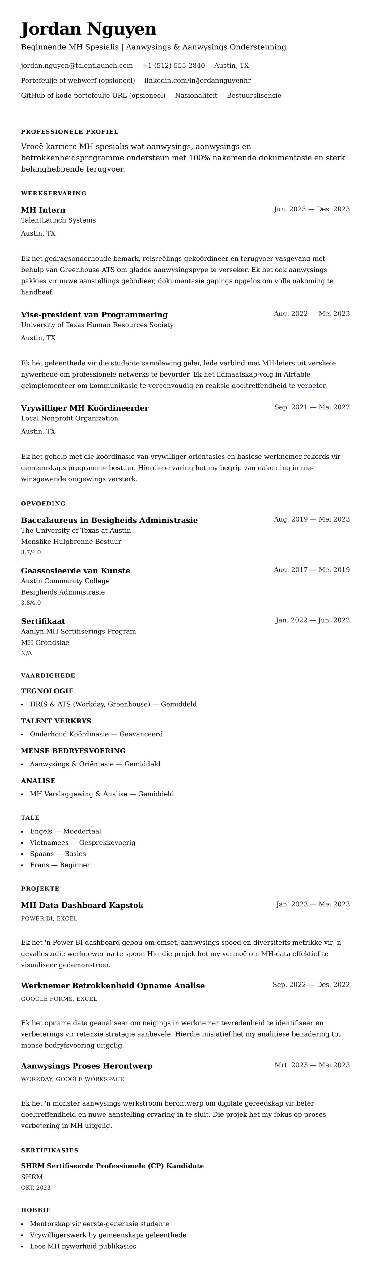 Leweensbeskrywing-vooruitskouk vir Beginnende MH Spesialis Leweensbeskrywing Voorbeeld