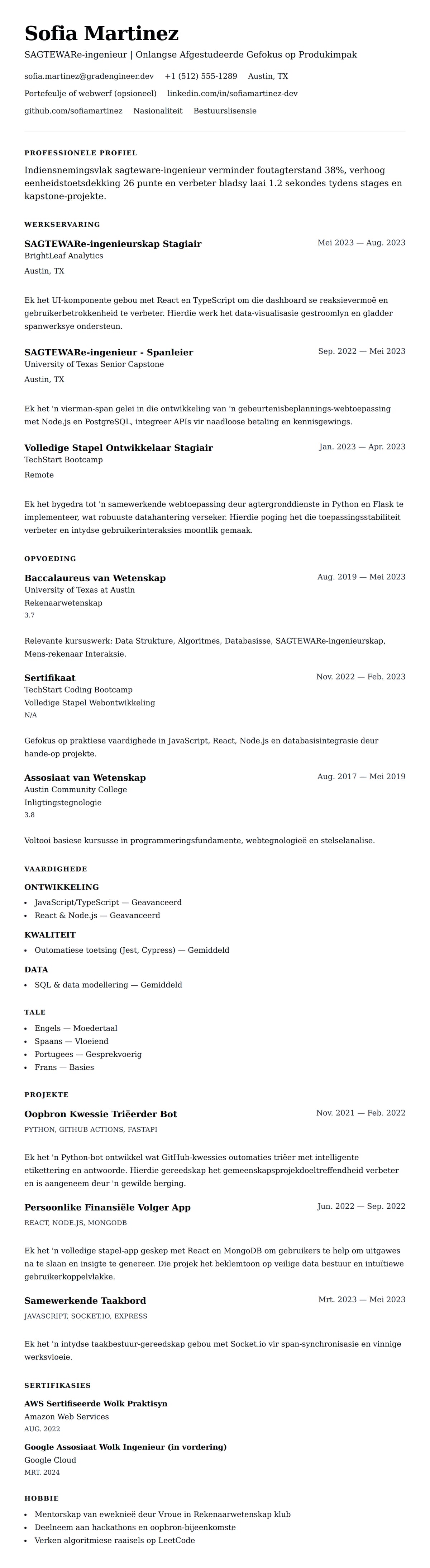 Leweensbeskrywing-vooruitskouk vir Indiensnemingsvlak Sagteware-ingenieur Lewensloop Voorbeeld