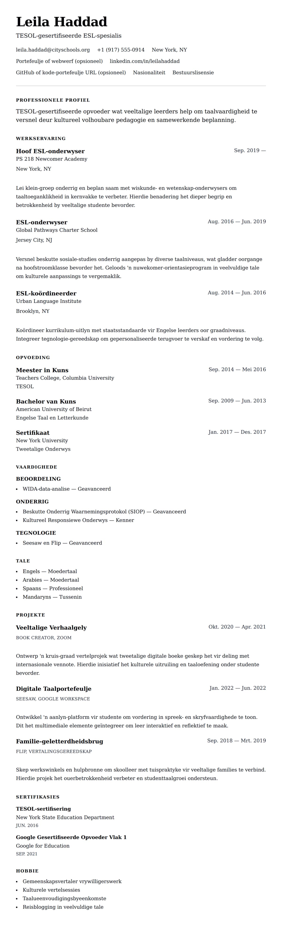 Leweensbeskrywing-vooruitskouk vir ESL-onderwyser CV-voorbeeld