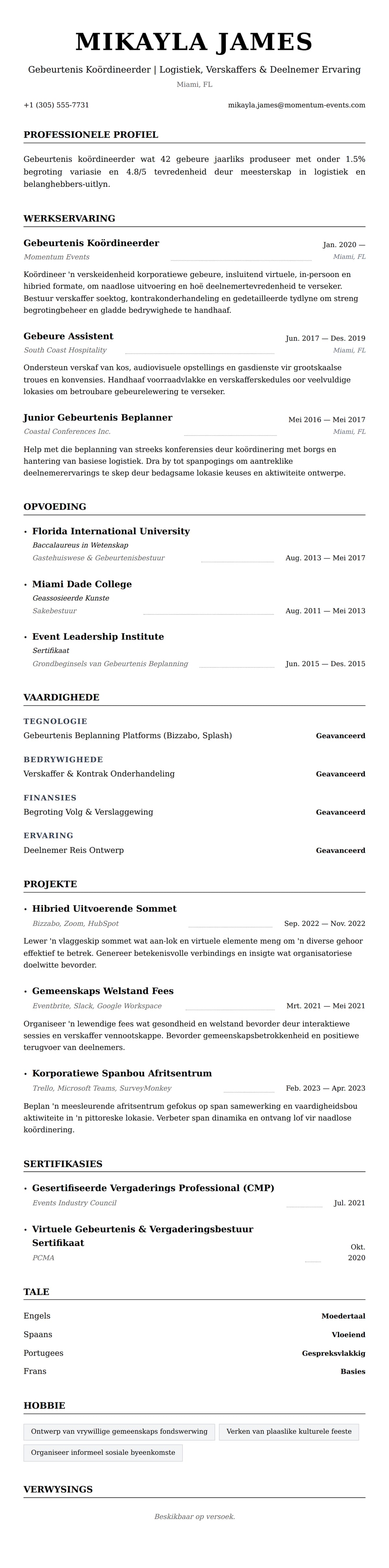 Leweensbeskrywing-vooruitskouk vir Gebeurtenis Koördineerder Lewensloop Voorbeeld