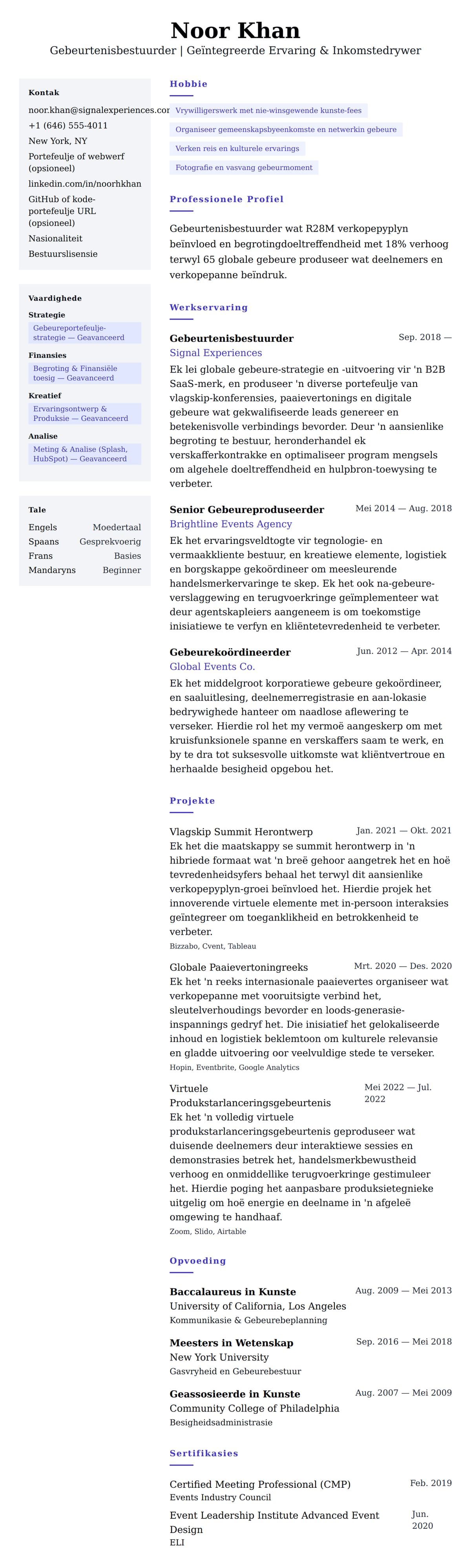 Leweensbeskrywing-vooruitskouk vir Gebeurtenisbestuurder CV-voorbeeld