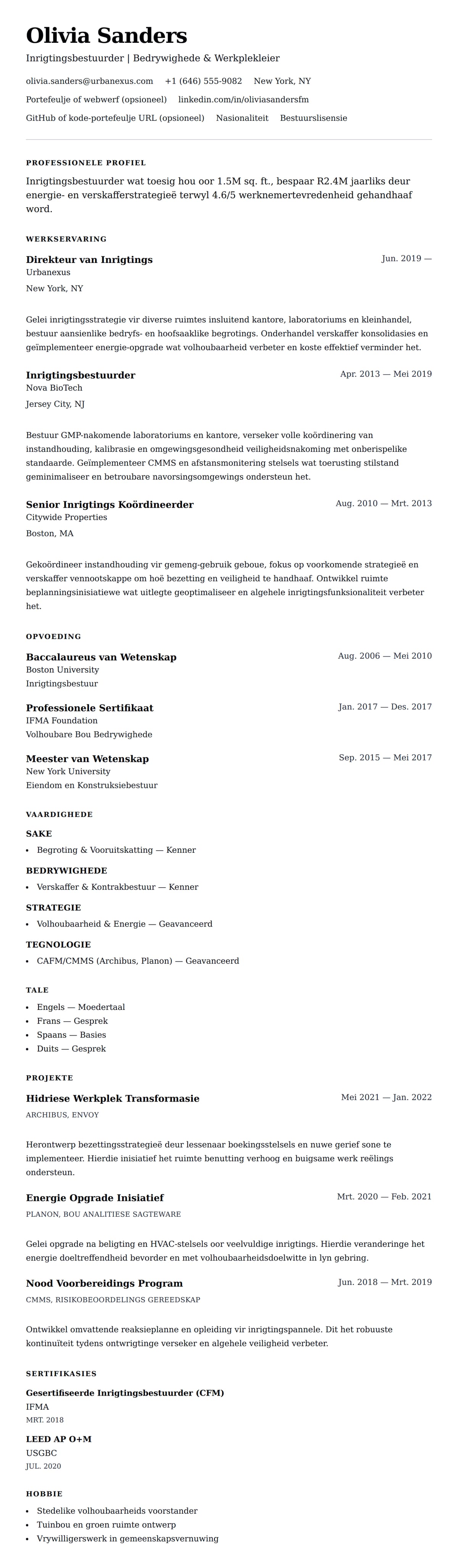 Leweensbeskrywing-vooruitskouk vir Inrigtingsbestuurder Lewensloop Voorbeeld