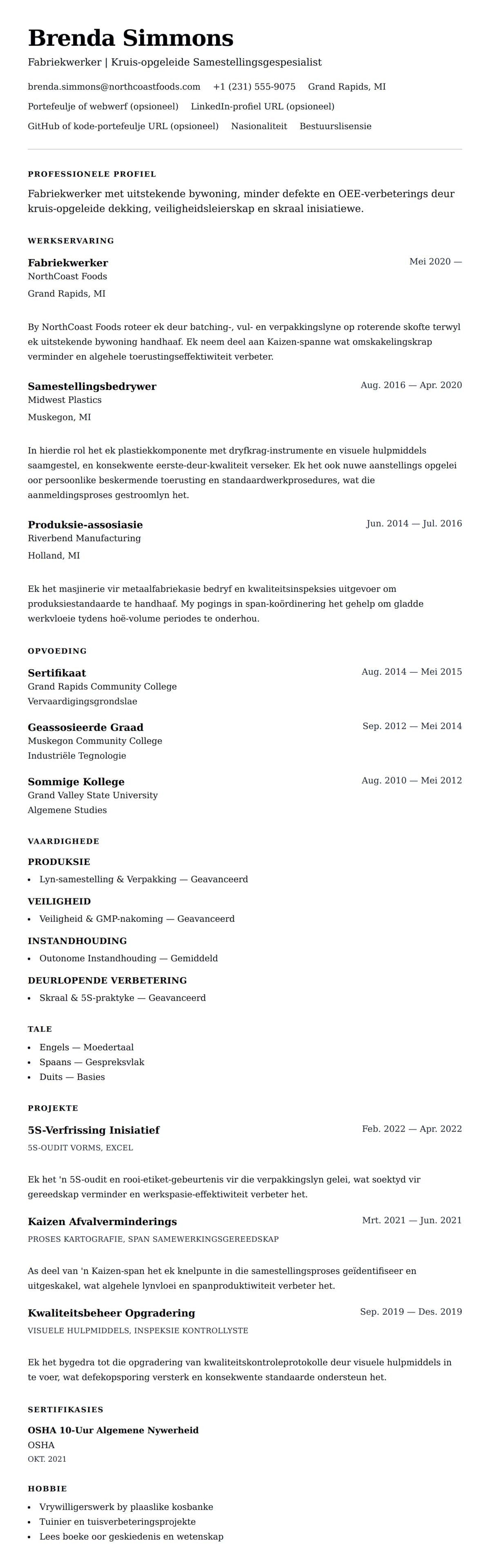 Leweensbeskrywing-vooruitskouk vir Fabriekwerker Lewensloop Voorbeeld