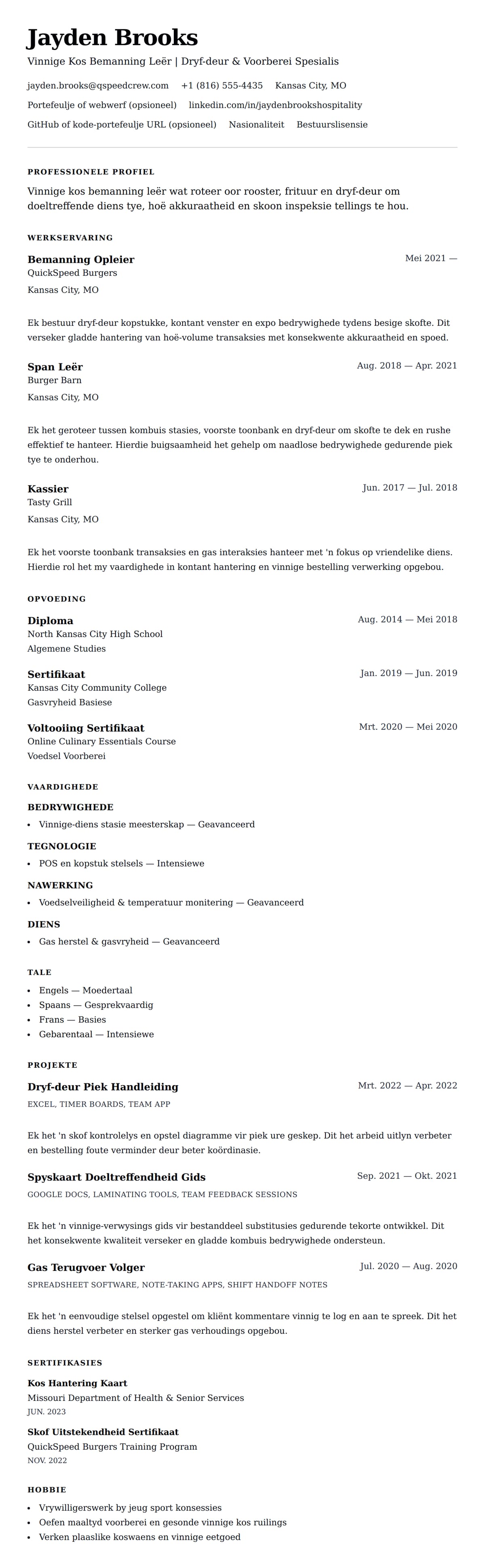 Leweensbeskrywing-vooruitskouk vir Vinnige Kos Werker CV Voorbeeld