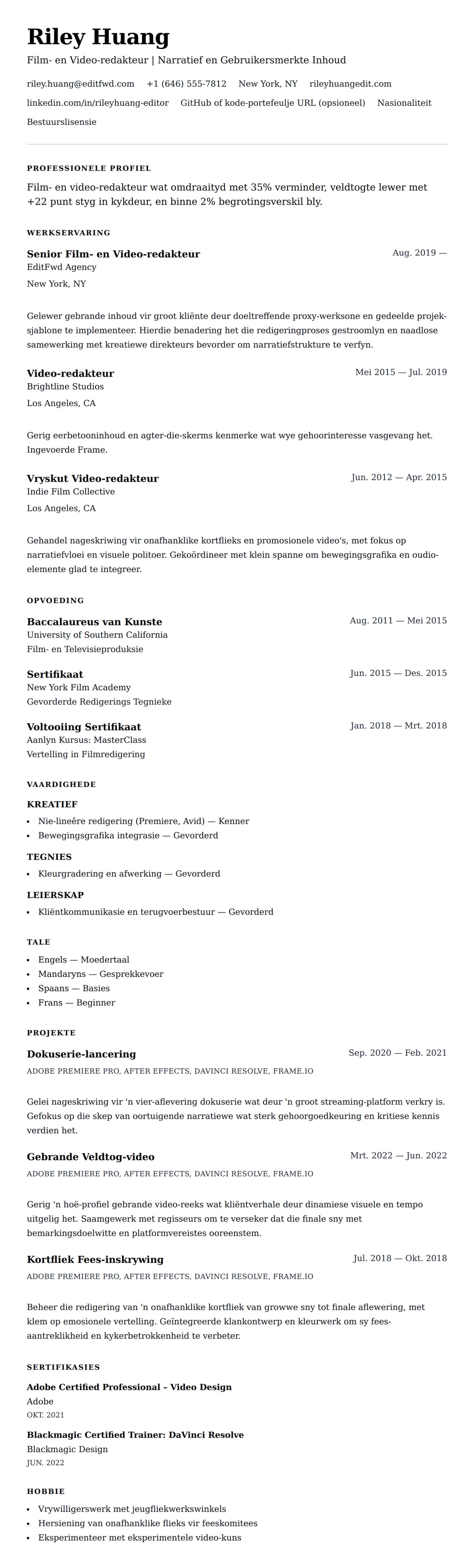 Leweensbeskrywing-vooruitskouk vir Film- en Video-redakteur Lewensloop Voorbeeld