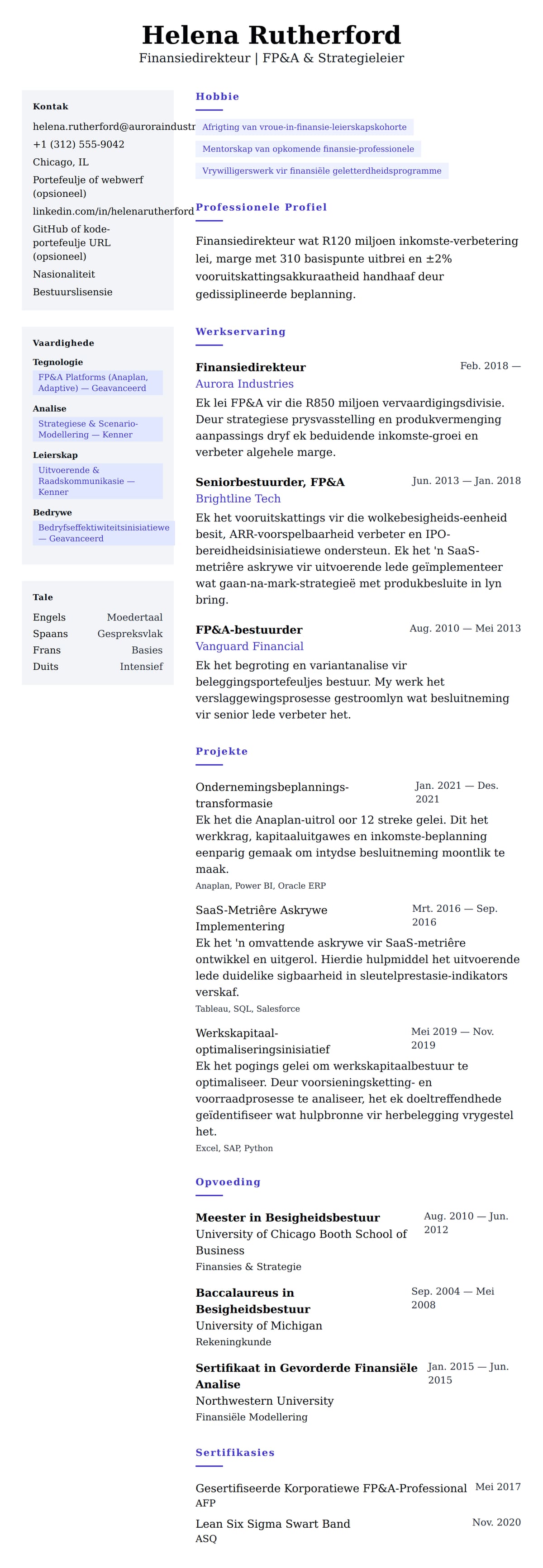 Leweensbeskrywing-vooruitskouk vir CV-Voorbeeld vir Finansiedirekteur