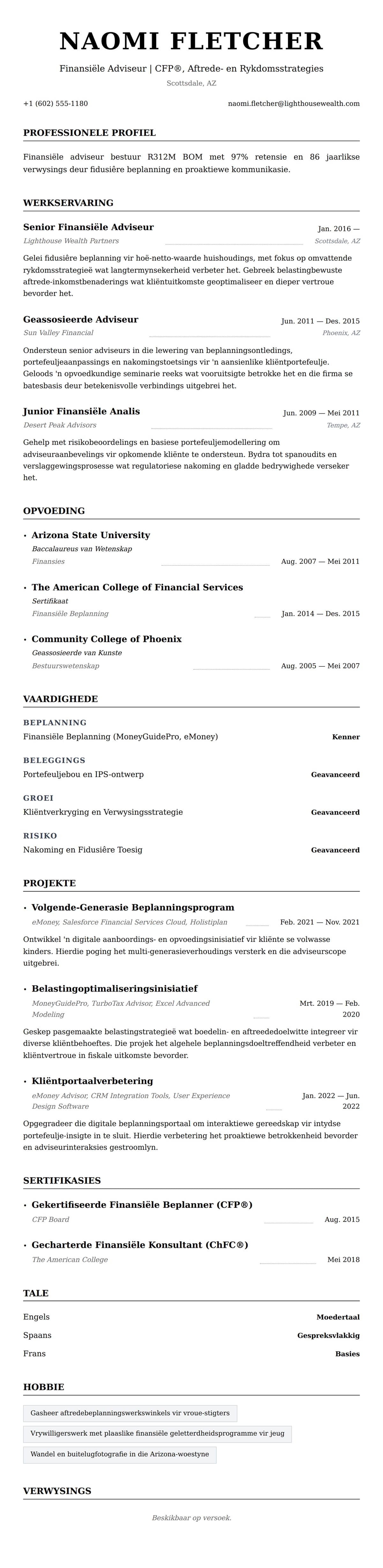 Leweensbeskrywing-vooruitskouk vir Finansiële Adviseur CV Voorbeeld