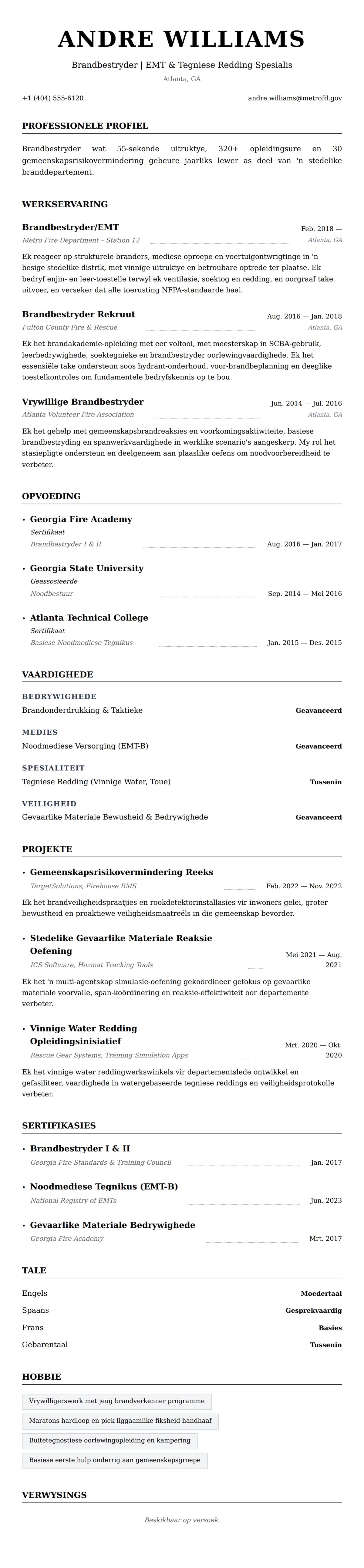 Leweensbeskrywing-vooruitskouk vir Brandbestryder Lewensloop Voorbeeld