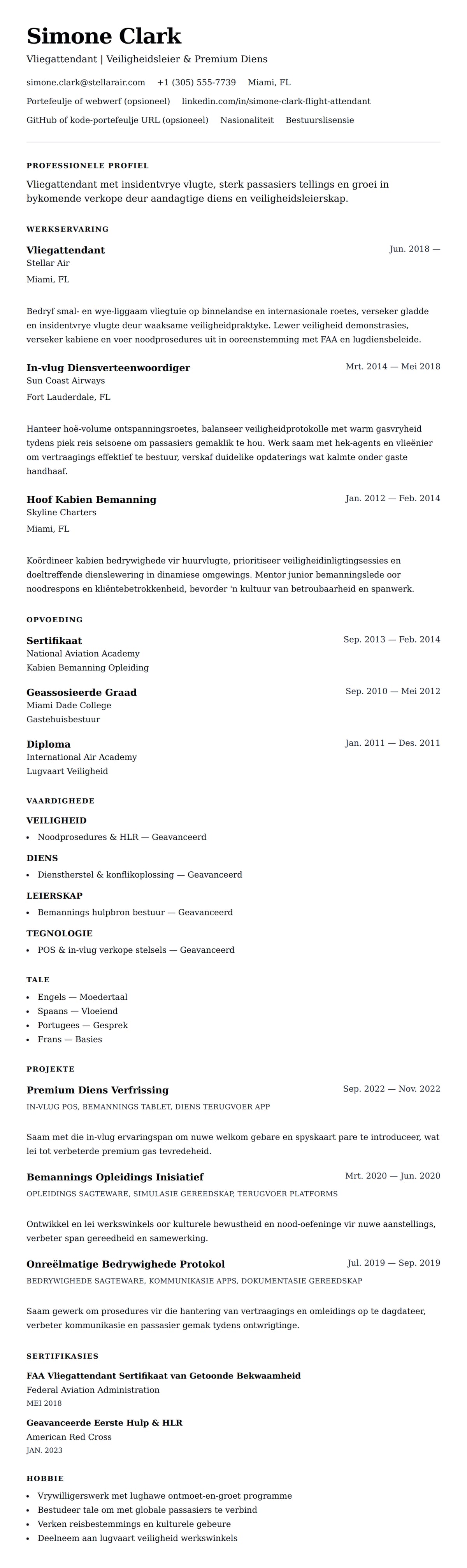 Leweensbeskrywing-vooruitskouk vir Vliegattendant Lewensloop Voorbeeld