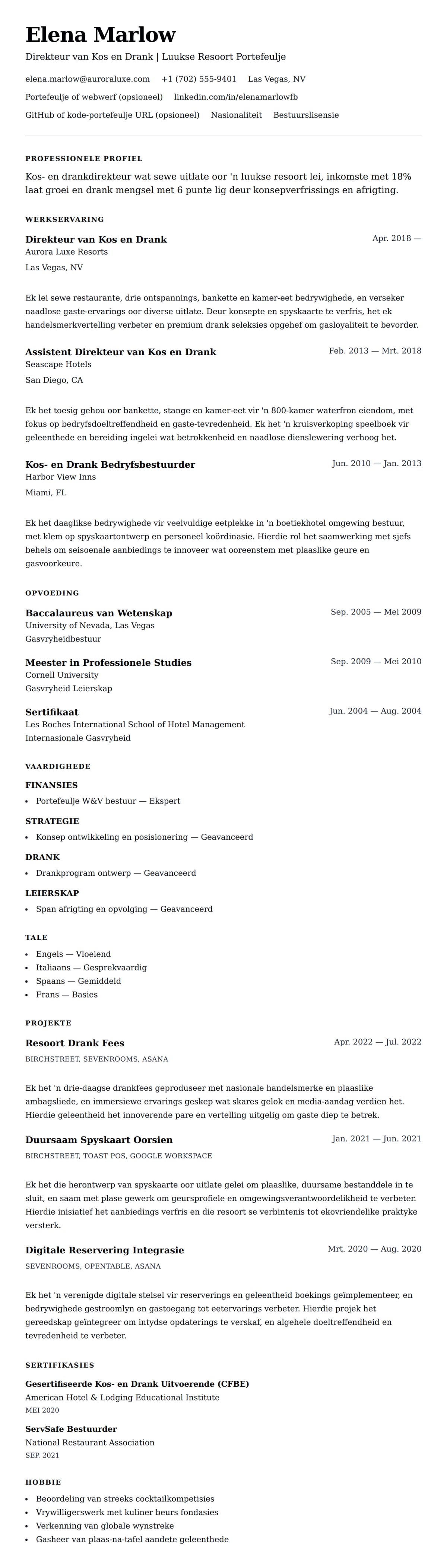 Leweensbeskrywing-vooruitskouk vir Kos- en Drankdirekteur Lewensloop Voorbeeld