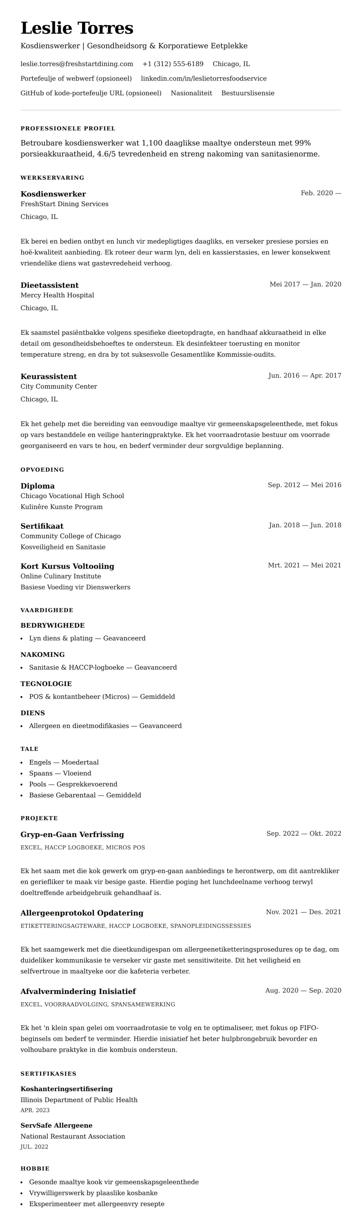 Leweensbeskrywing-vooruitskouk vir Kosdienswerker Lewensloopvoorbeeld