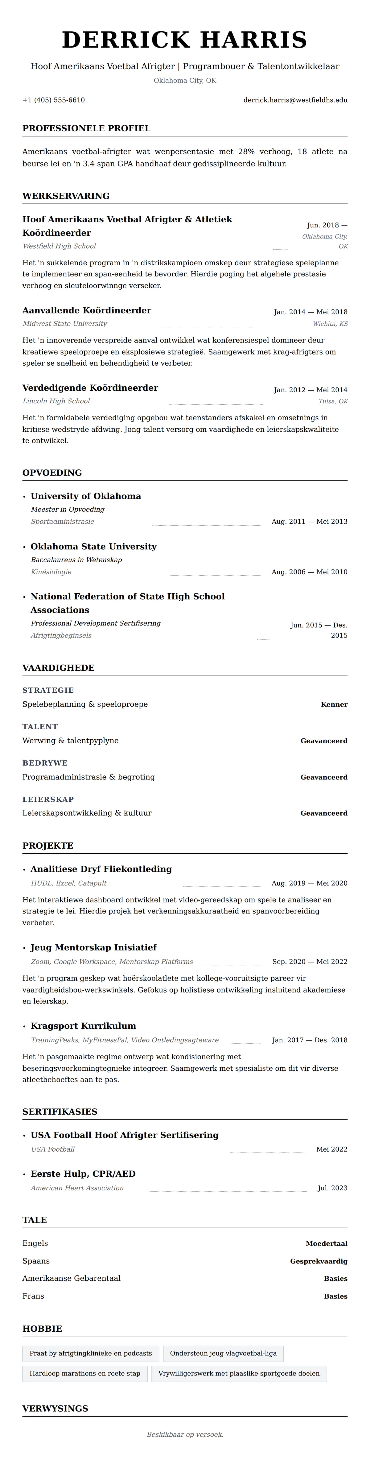 Leweensbeskrywing-vooruitskouk vir Voorbeeld van Lewensloop vir Amerikaans Voetbal Afrigter
