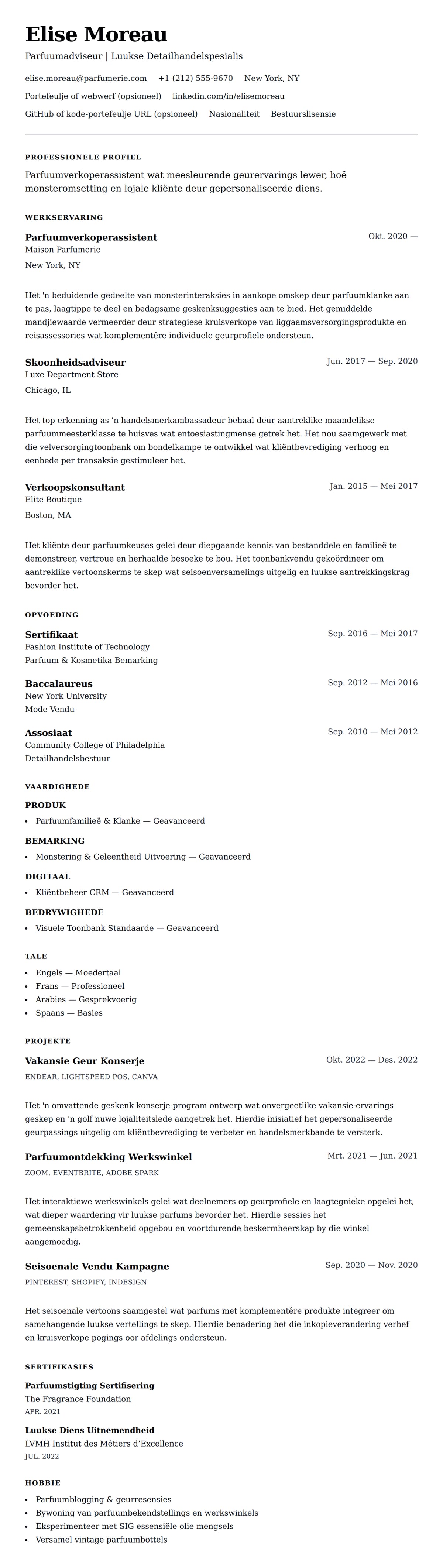 Leweensbeskrywing-vooruitskouk vir Parfuumverkoperassistent CV Voorbeeld