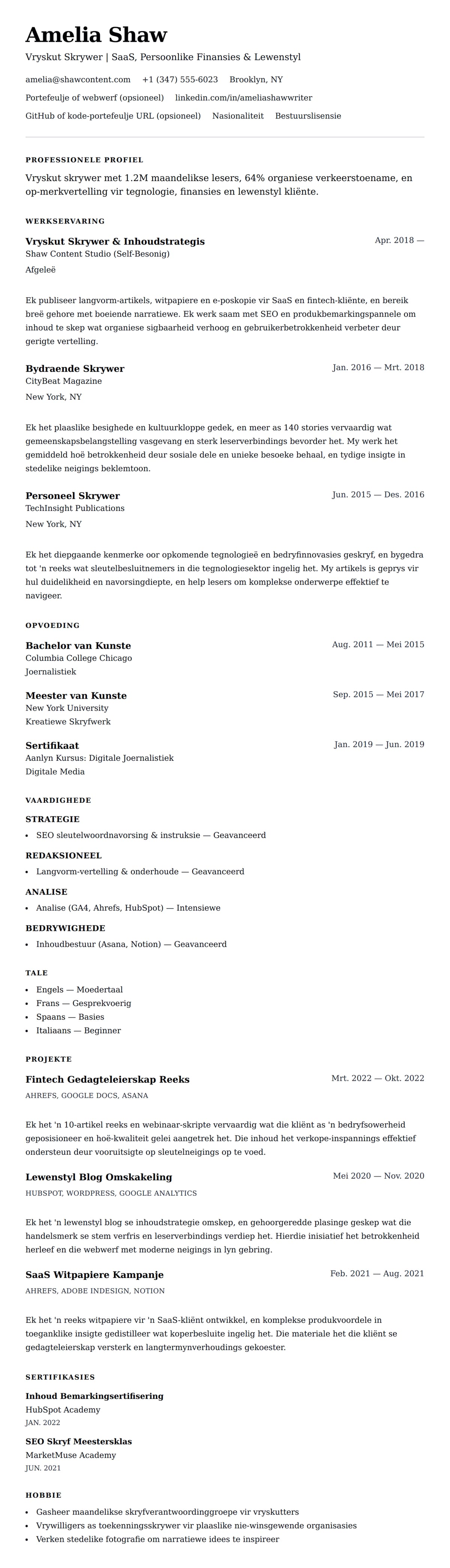 Leweensbeskrywing-vooruitskouk vir Vryskut Skrywer Lewensloop Voorbeeld