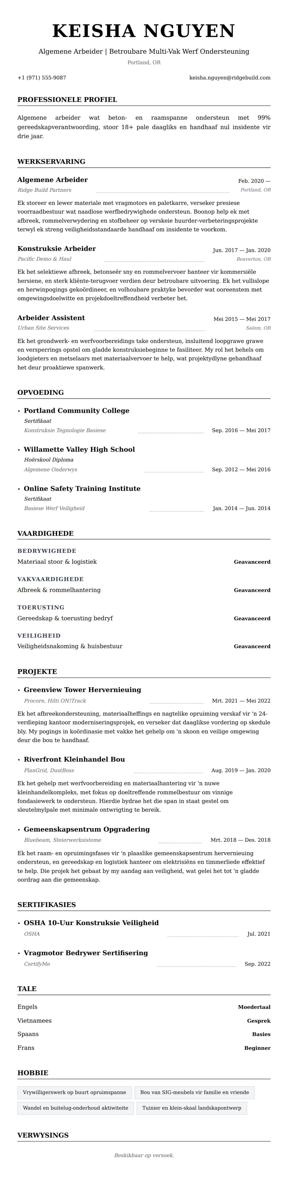 Leweensbeskrywing-vooruitskouk vir Algemene Arbeider Lewensloop Voorbeeld